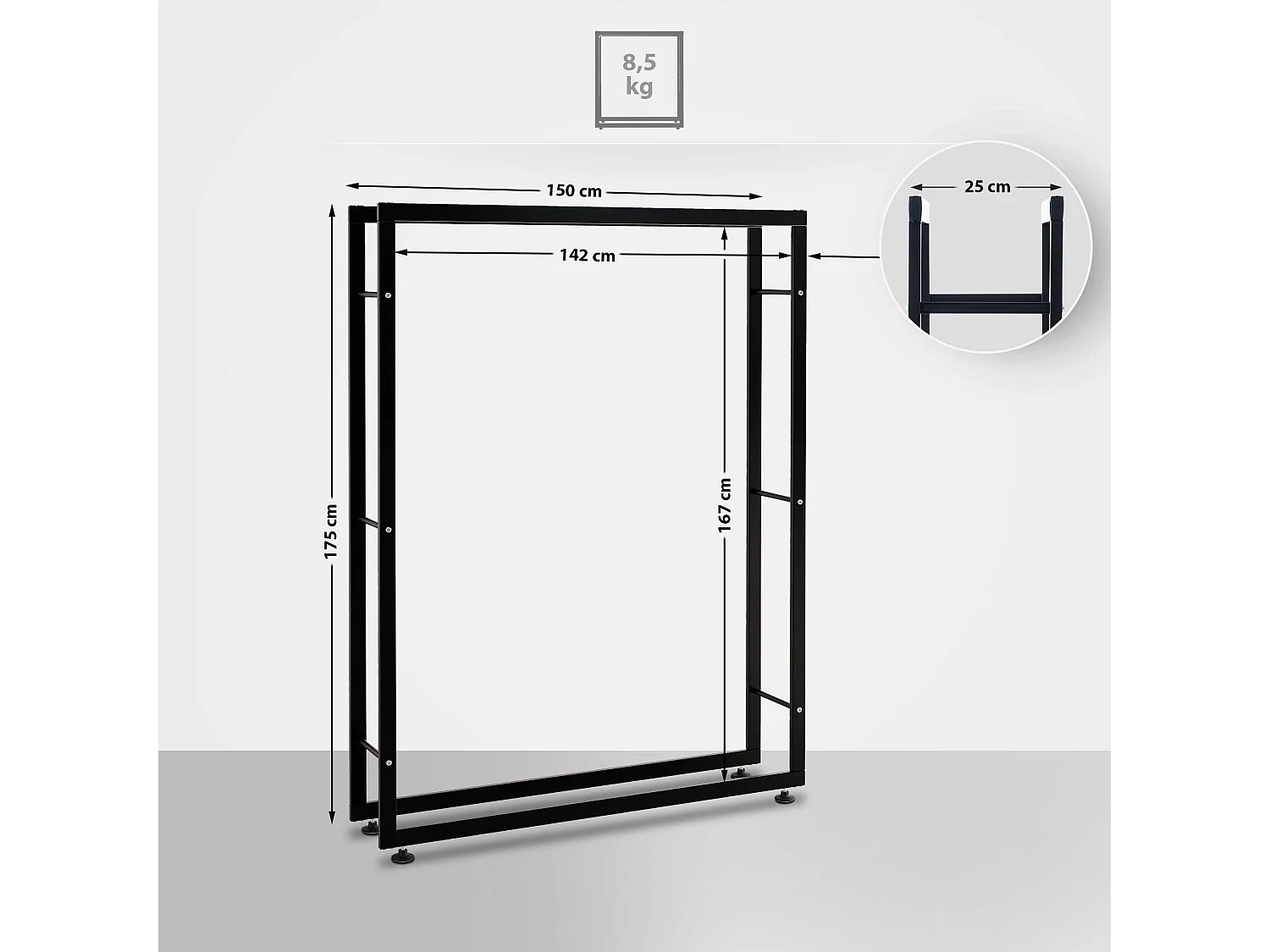 Kaminholzregal - Metall - 25x150x175 cm - schwarz - Keri V2