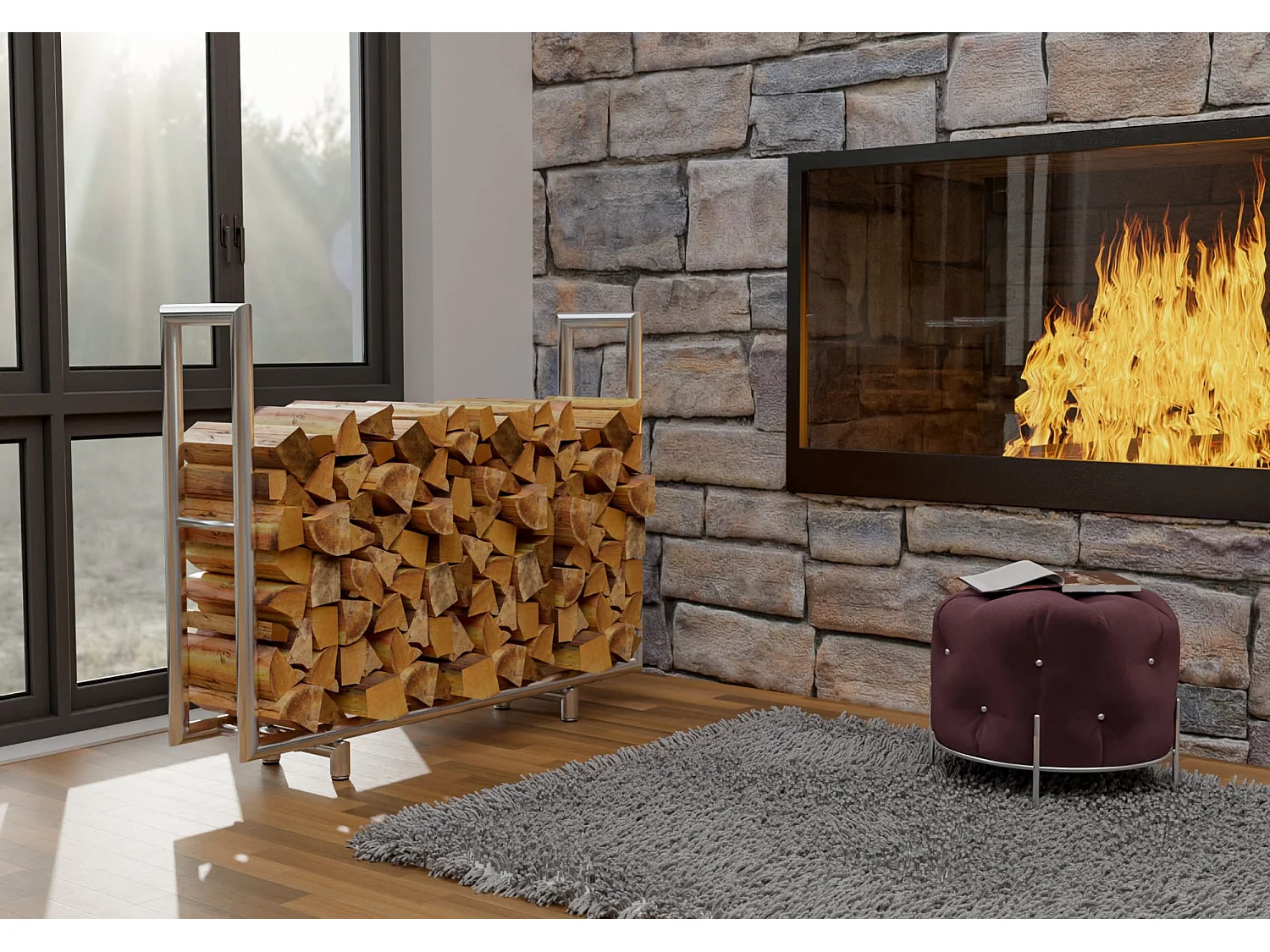 Etagère bois de cheminée - Acier inoxydable - 122 x 30 x 91cm - Acier inoxydable - Drake