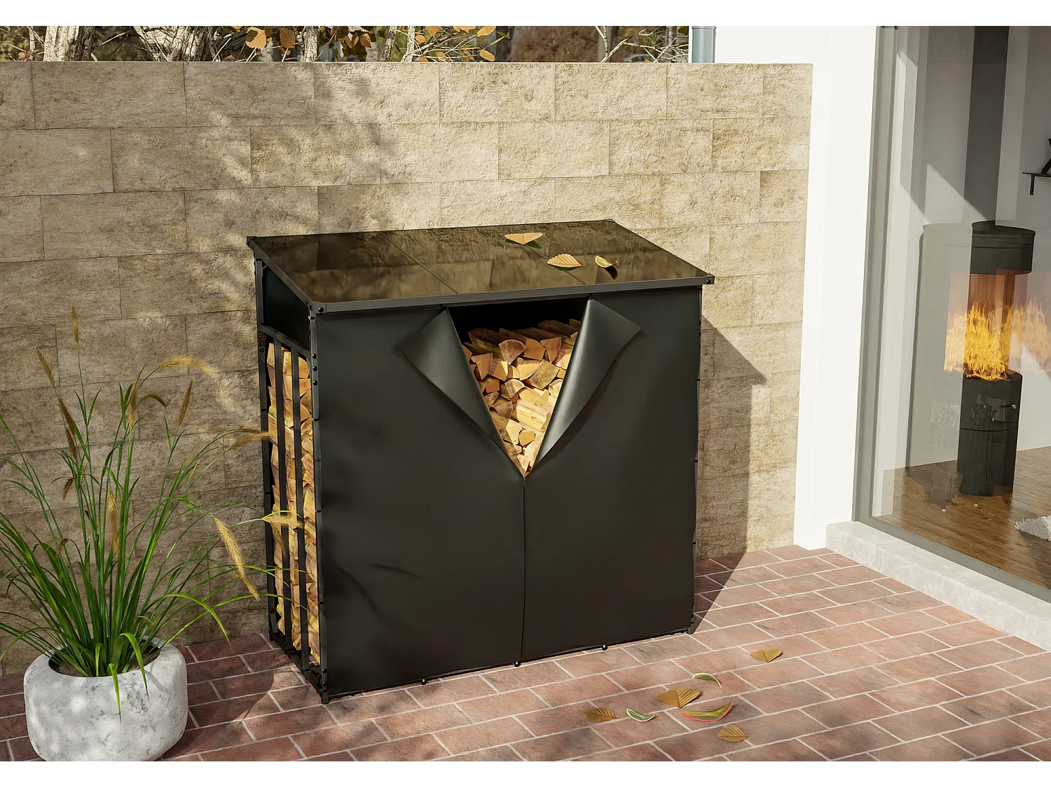 Etagère bois de cheminée - Métal - 143 x 70 x 145cm - Anthracite - Ruston