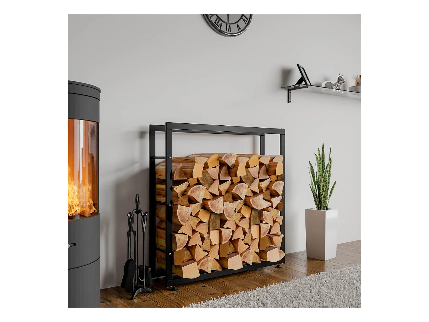 Etagère bois de cheminée - Métal - 25x100x100 cm - Noir - Keri V2