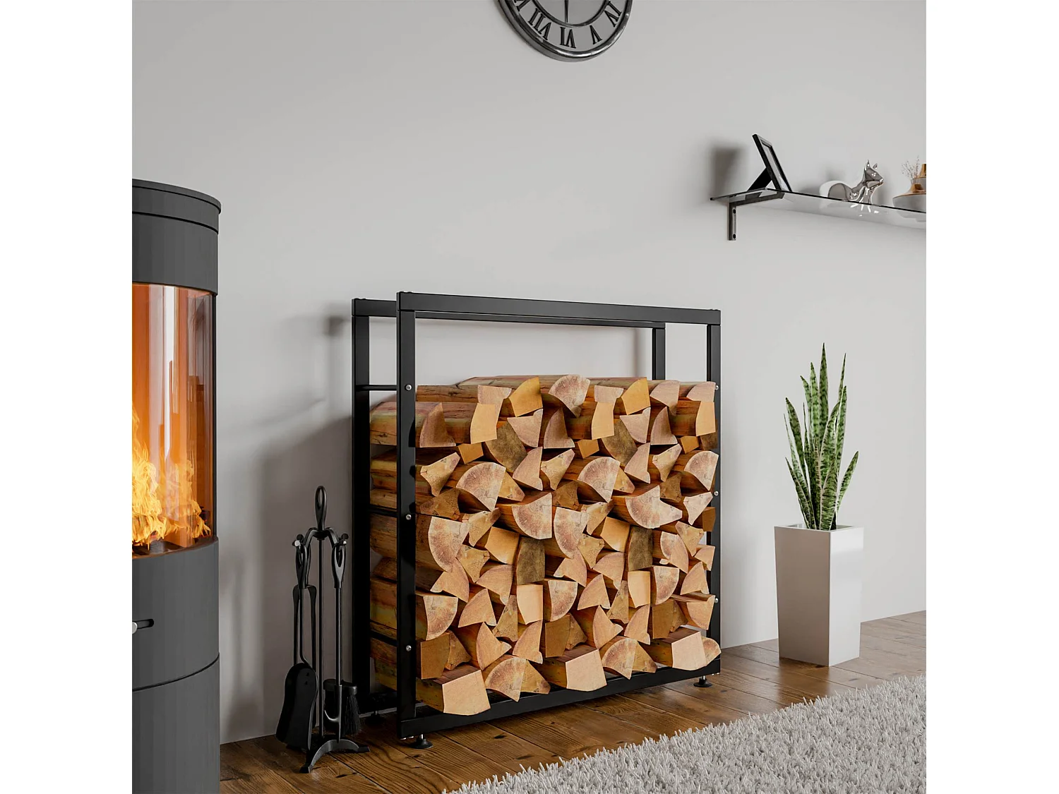 Etagère bois de cheminée - Métal - 25x100x100 cm - Noir - Keri V2