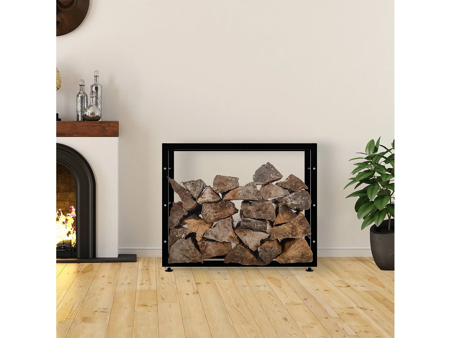 Etagère bois de cheminée - Métal - 25x100x80 cm - Noir - Keri V2