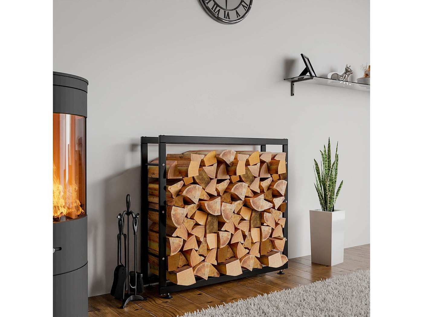 Porte-Bois De Cheminée 2 Niveaux Outsunny - 4 Outils Inclus, Métal Noir, 80 Cm - Intérieur/Extérieur - 7