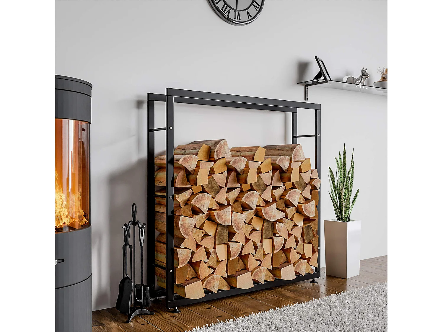 Etagère bois de cheminée - Métal - 25x150x150 cm - Noir - Keri V2