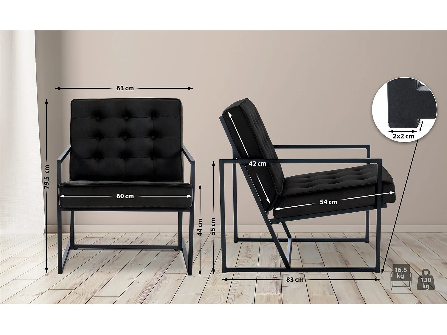 Chaise longue - Velours - Noir - Avon