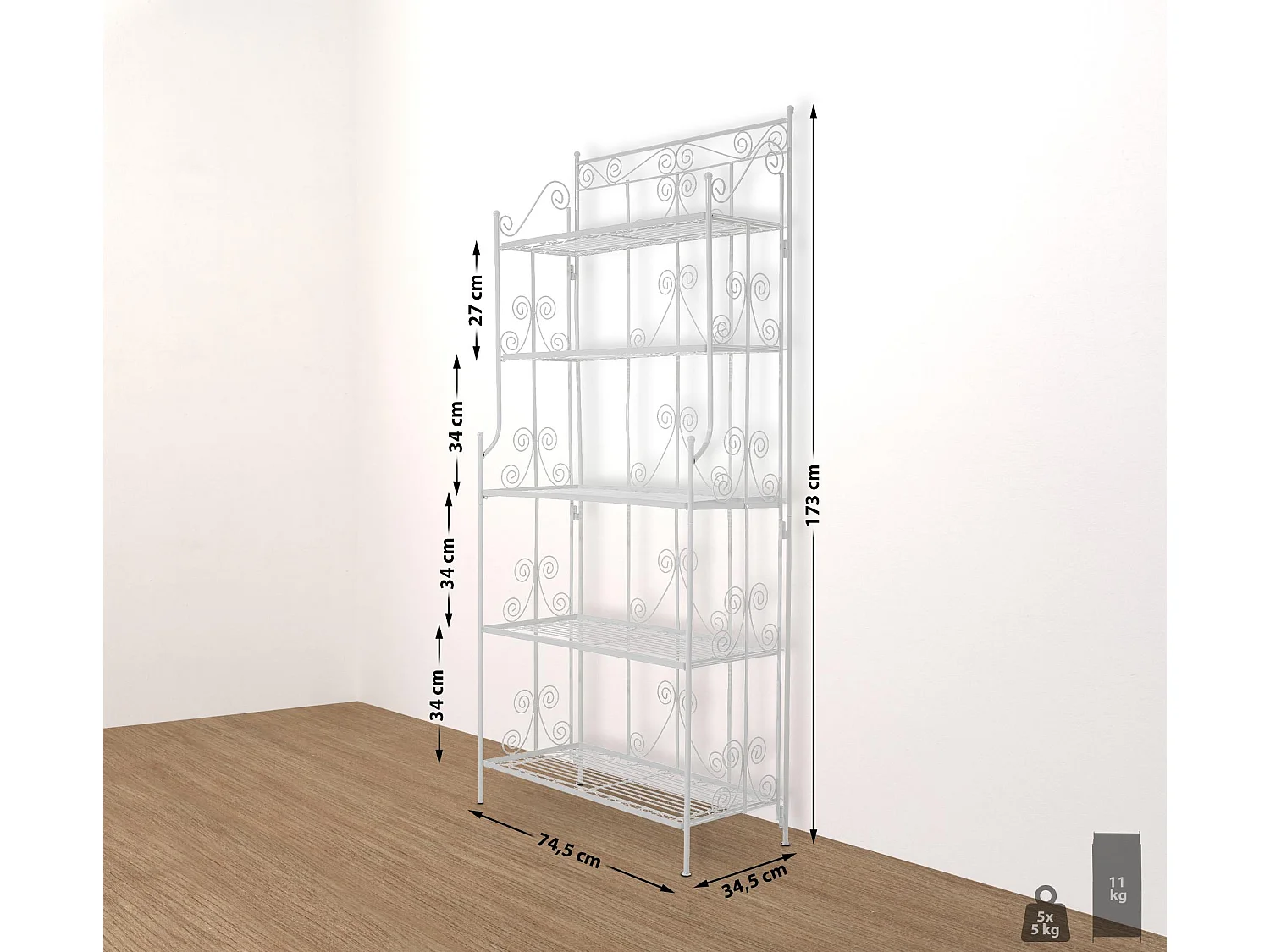 Staande plank - Metaal - 74.5 x 34.5 x 173cm - wit - Ciara