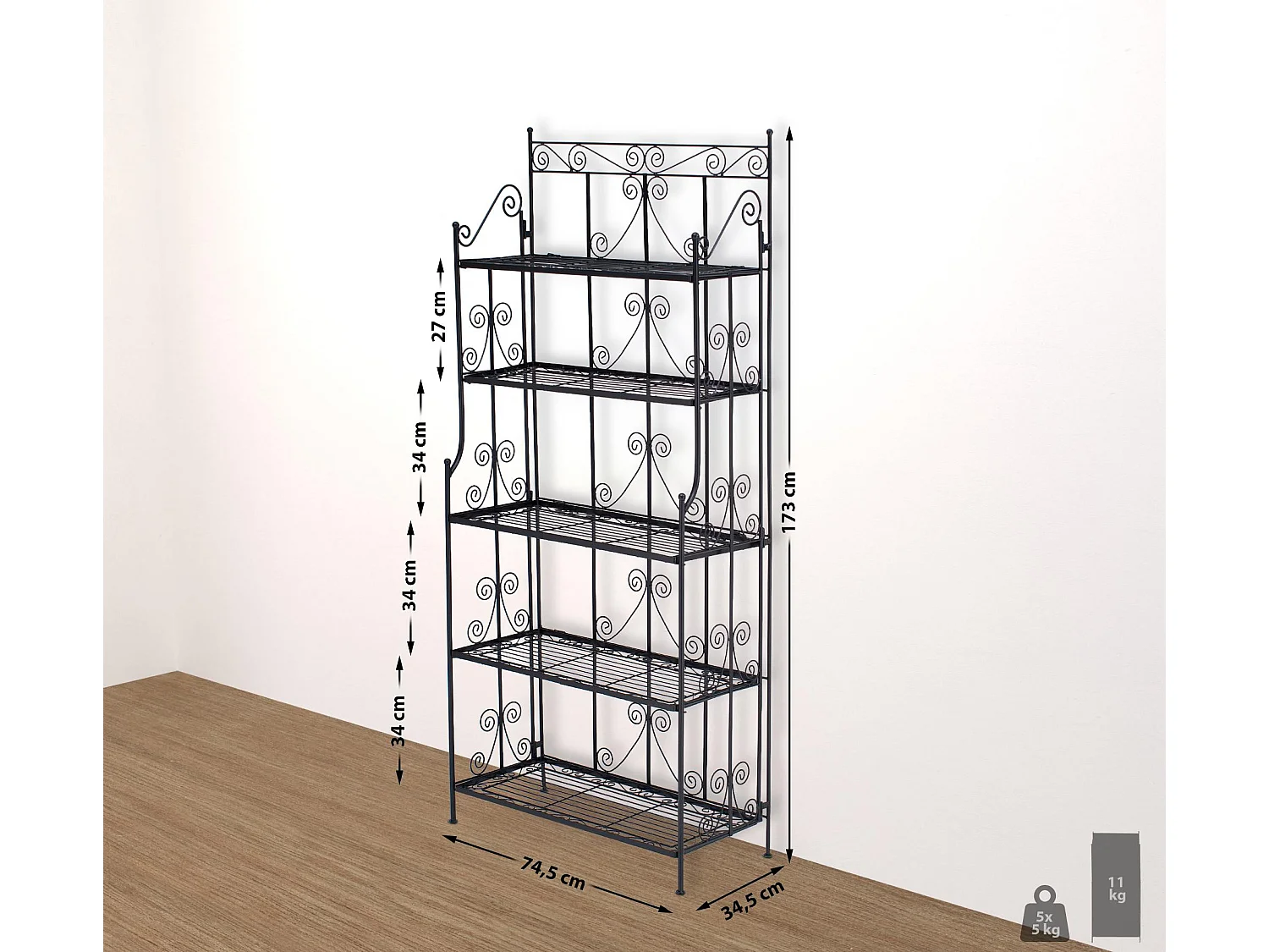 Staande plank - Metaal - 74.5 x 34.5 x 173cm - zwart - Ciara