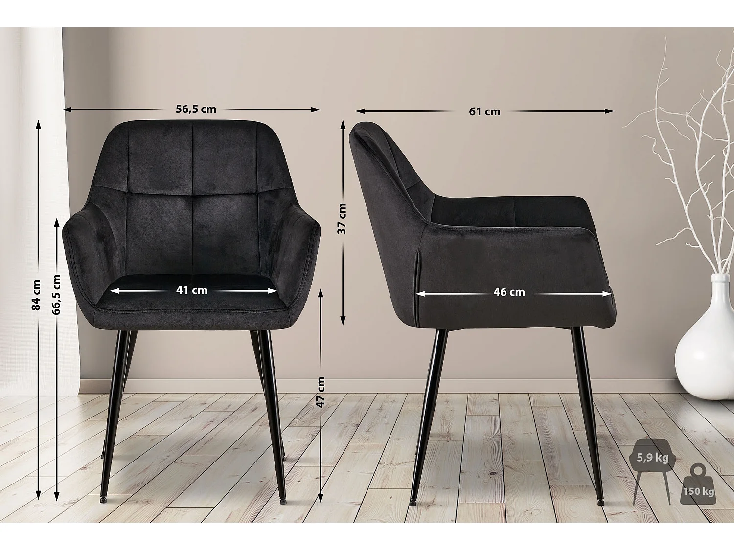 Lot de 4  chaises avec accoudoirs - Velours - Noir - Emia