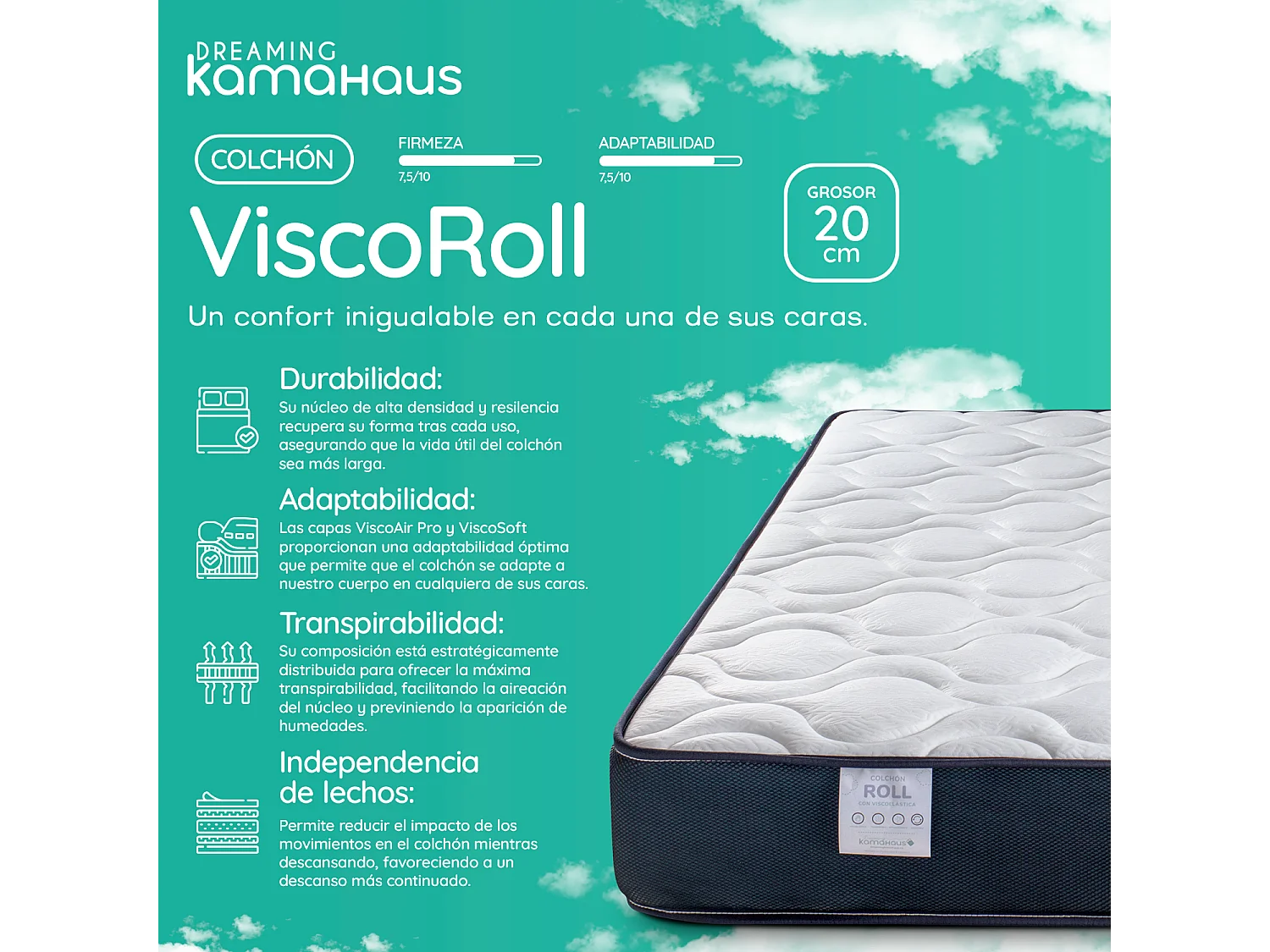 Colchão viscoelástico reversível 90x190 cm ViscoRoll - Altura +/- 20 cm - Firmeza média/alta - Dupla face - Viscoelástico de alta densidade - Núcleo de espuma HR