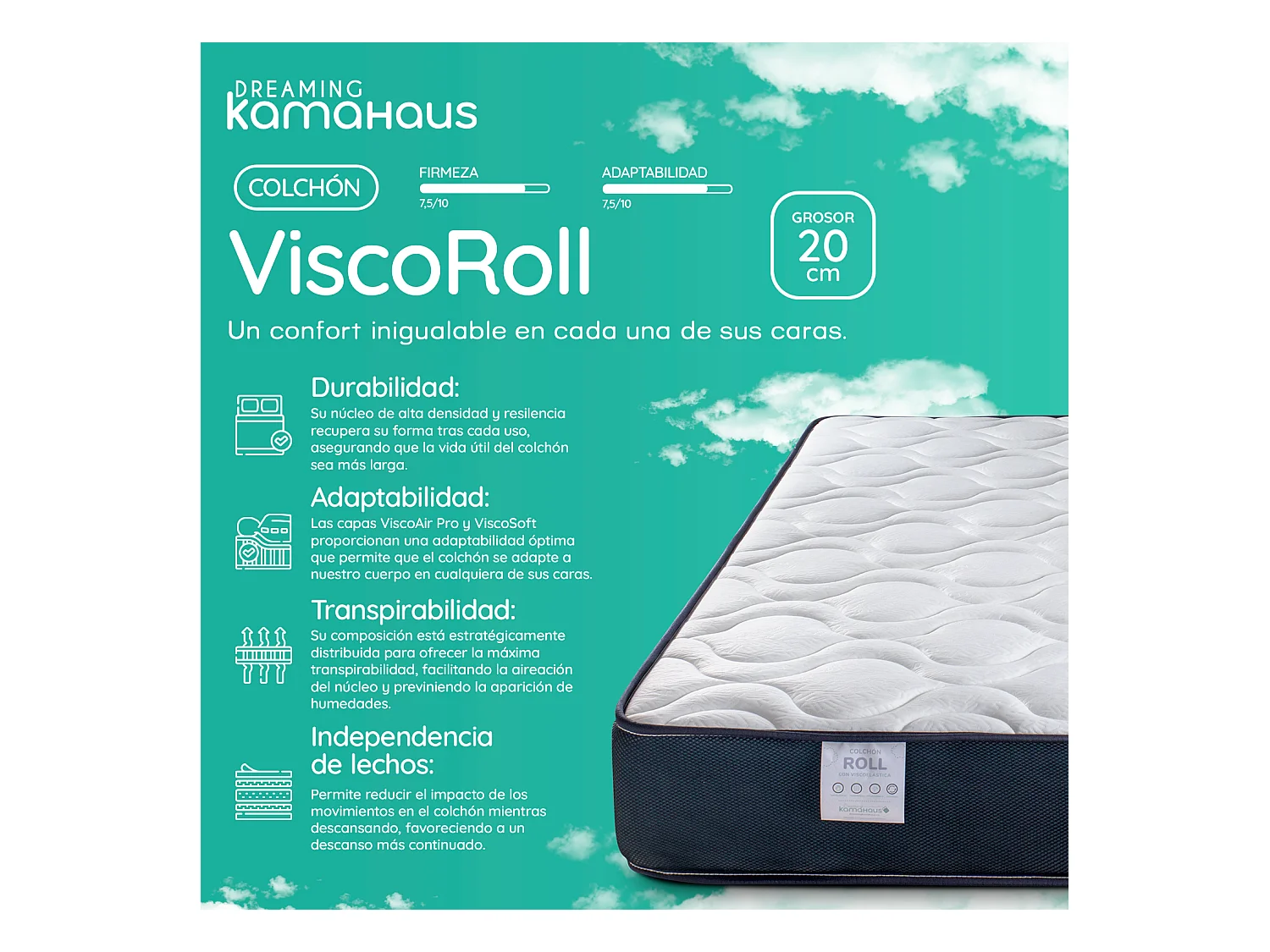 Colchón viscoelástico reversible  135x200 cm ViscoRoll - Altura +/- 20 cm - Firmeza Media/Alta - Doble cara - Viscoelástica de alta densidad - Núcleo Espuma HR