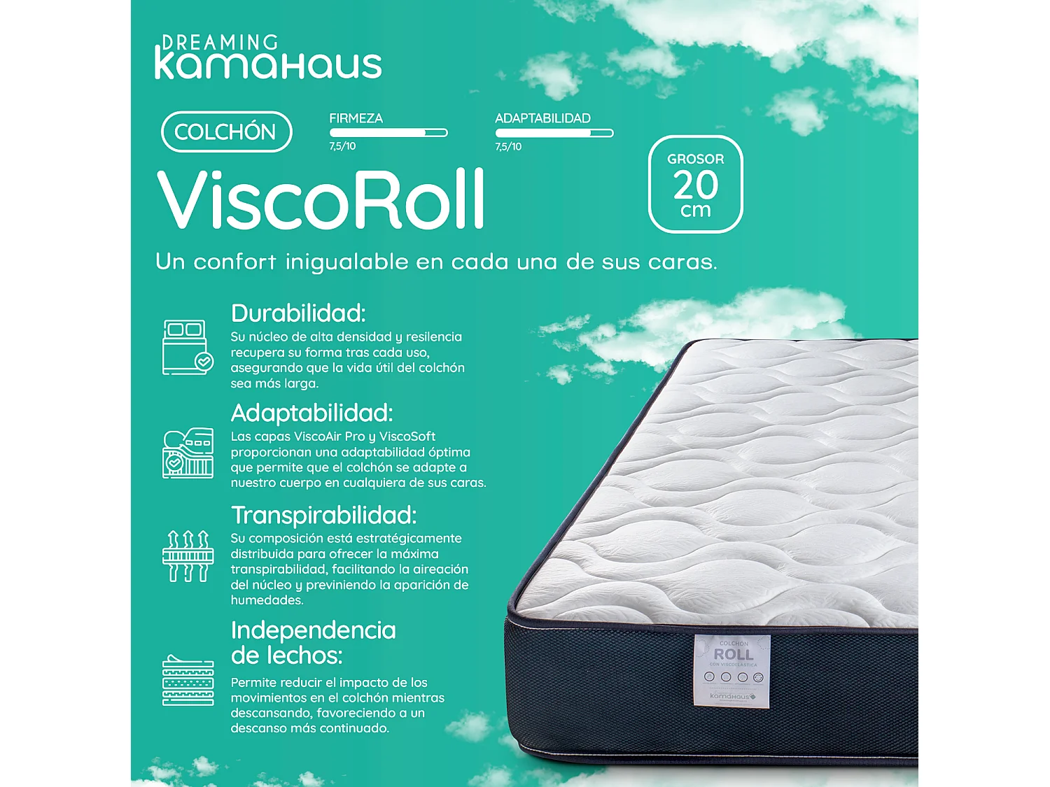 Colchón viscoelástico reversible  140x180 cm ViscoRoll - Altura +/- 20 cm - Firmeza Media/Alta - Doble cara - Viscoelástica de alta densidad - Núcleo Espuma HR