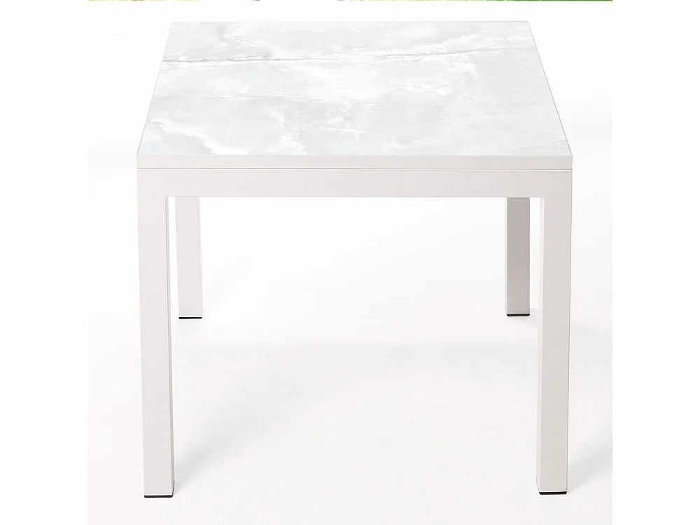 Table ceramique Luxury Calacata 75x75x75cm Blanc, adaptée pour intérieur et exteriéur, surface porcelanique et structure en acier SmarTile