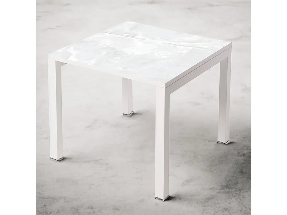 Table ceramique Luxury Calacata 75x75x75cm Blanc, adaptée pour intérieur et exteriéur, surface porcelanique et structure en acier SmarTile