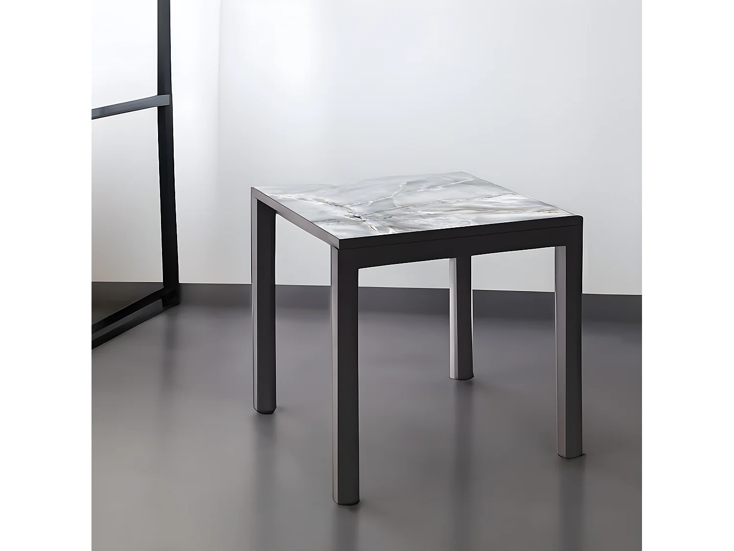 Mesa ceramica Luxury Smerato 90x90x75cm Preta, apropriada para interior e exterior, superficie porcelanica e estrutura em aço SmarTile