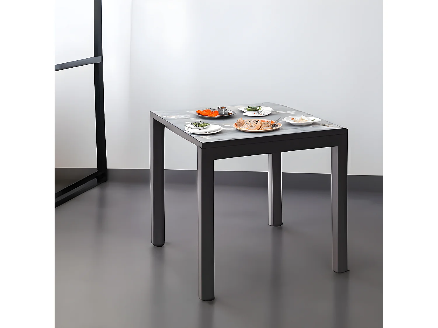 Mesa ceramica Luxury Smerato 90x90x75cm Preta, apropriada para interior e exterior, superficie porcelanica e estrutura em aço SmarTile