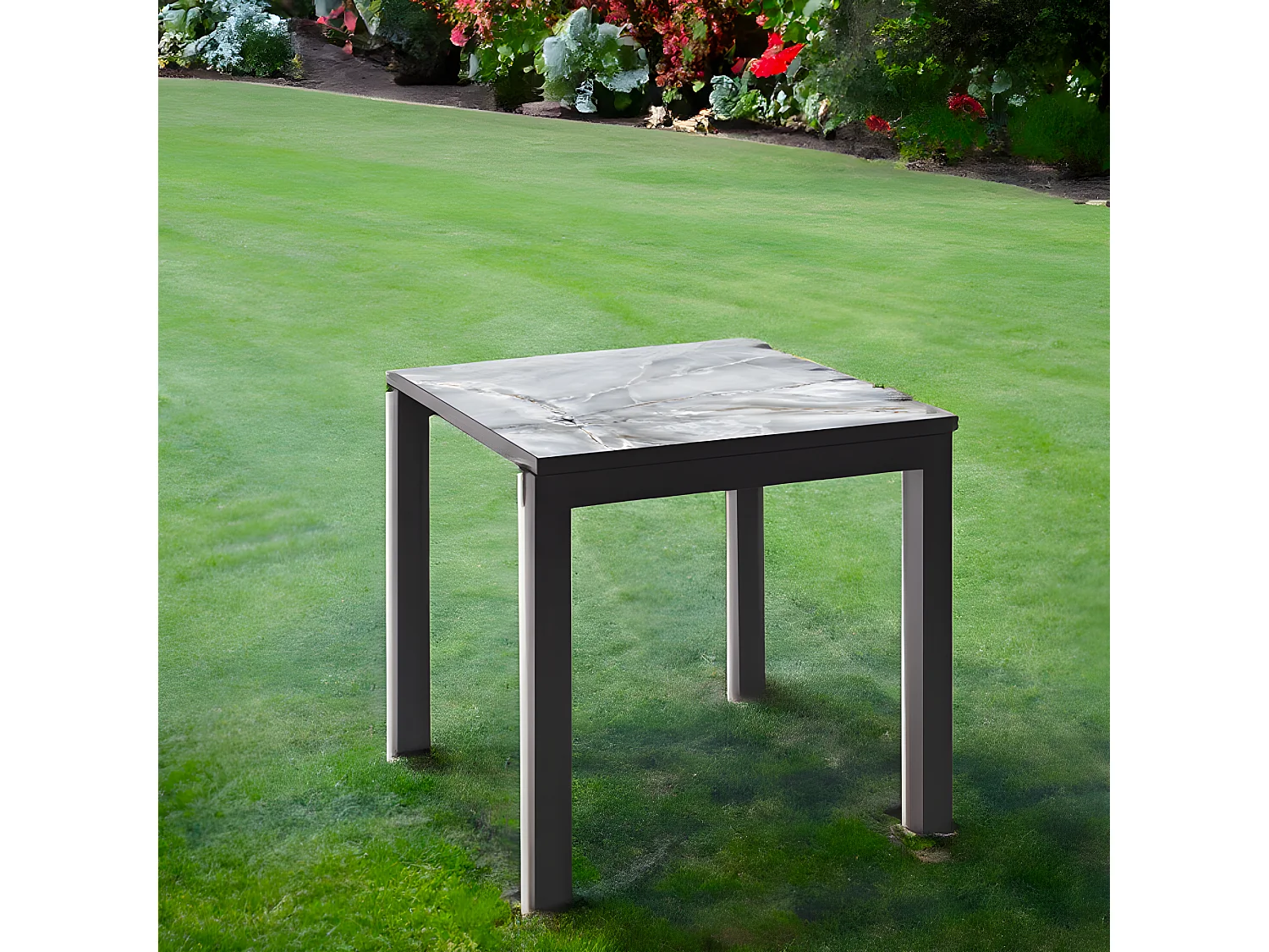 Mesa ceramica Luxury Smerato 90x90x75cm Preta, apropriada para interior e exterior, superficie porcelanica e estrutura em aço SmarTile