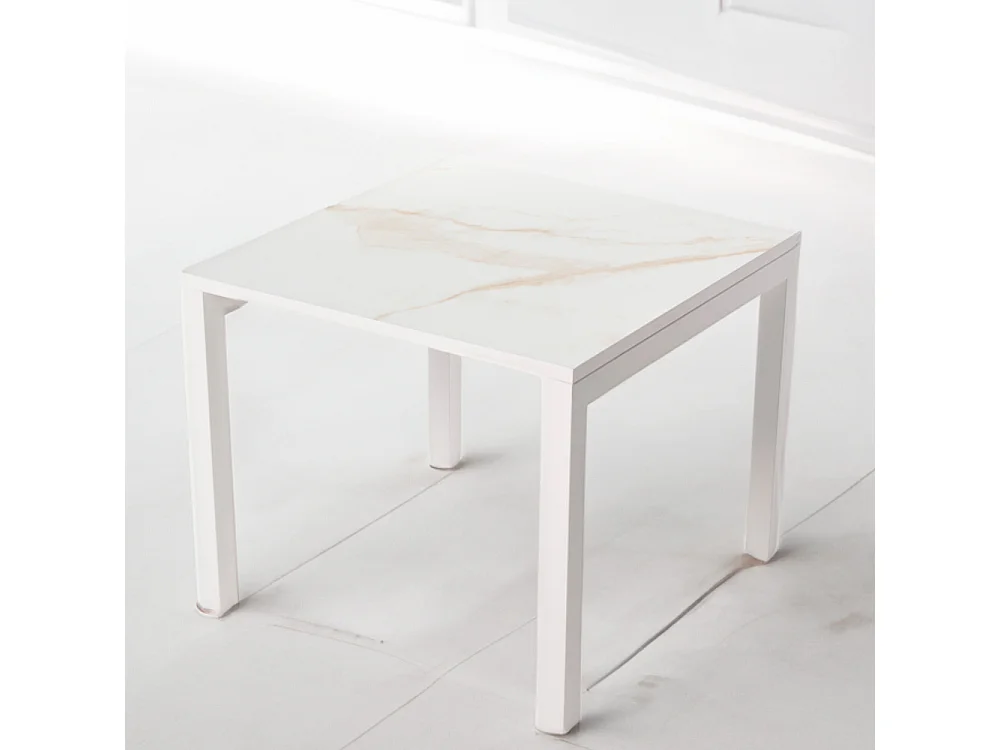Table ceramique Luxury Gold 75x75x75cm Blanc, adaptée pour intérieur et exteriéur, surface porcelanique et structure en acier SmarTile