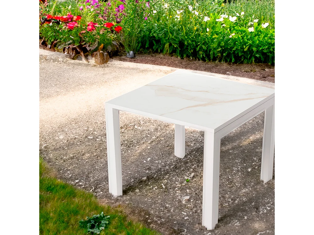 Table ceramique Luxury Gold 75x75x75cm Blanc, adaptée pour intérieur et exteriéur, surface porcelanique et structure en acier SmarTile