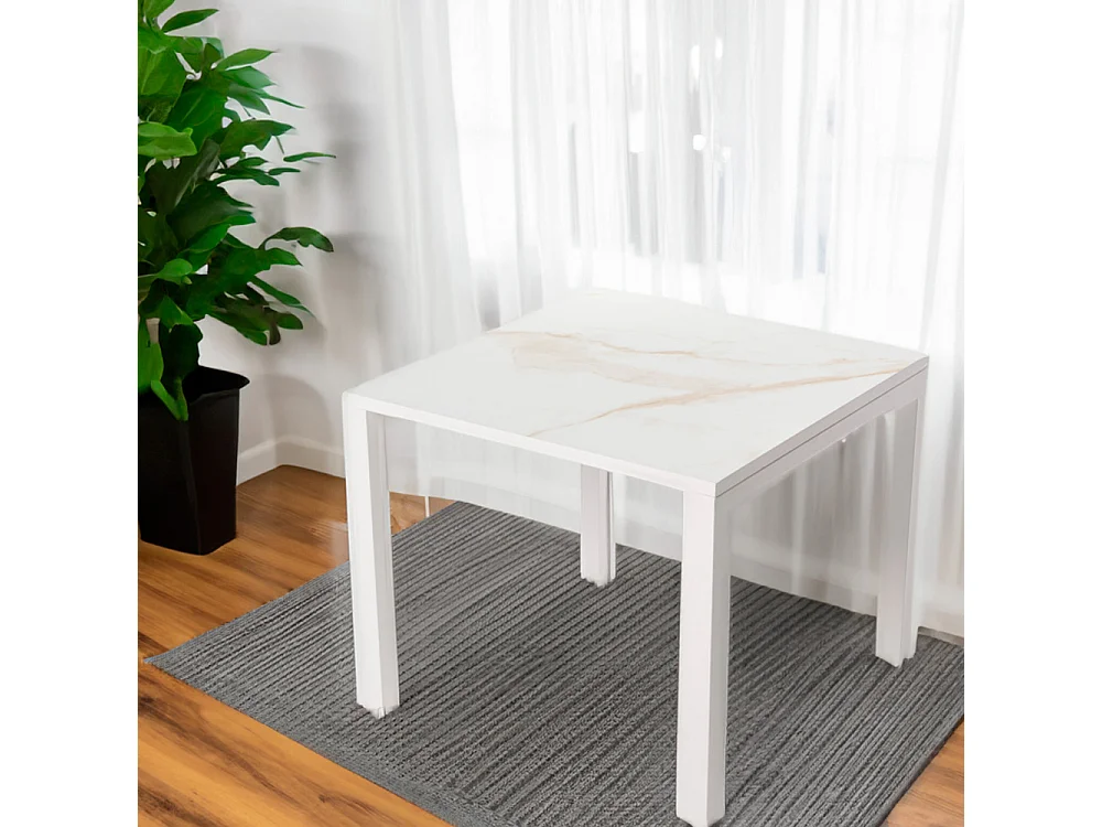 Table ceramique Luxury Gold 75x75x75cm Blanc, adaptée pour intérieur et exteriéur, surface porcelanique et structure en acier SmarTile