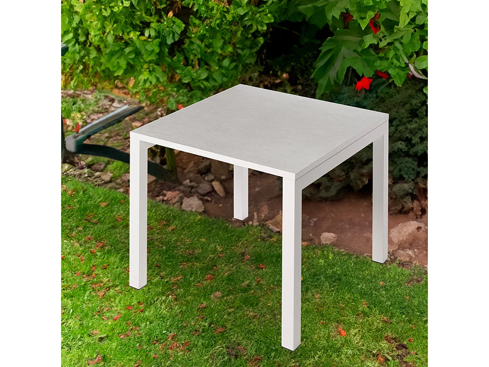 Mesa de cerámica Luxury White Almond 90x90x75cm Blanca, apta para interior y exterior, superficie porcelánica y estructura de acero SmarTile