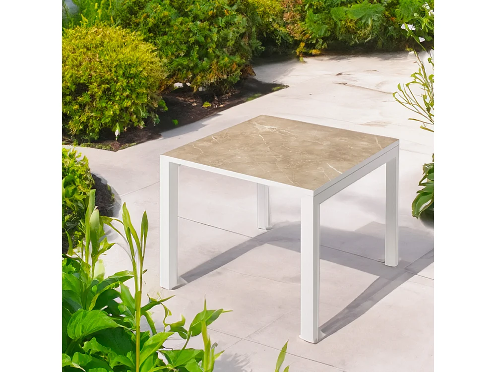 Table ceramique Luxury Noce 75x75x75cm Blanc, adaptée pour intérieur et exteriéur, surface porcelanique et structure en acier SmarTile