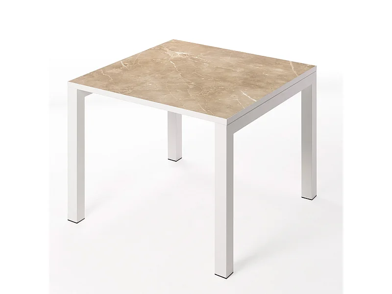 Table ceramique Luxury Noce 75x75x75cm Blanc, adaptée pour intérieur et exteriéur, surface porcelanique et structure en acier SmarTile
