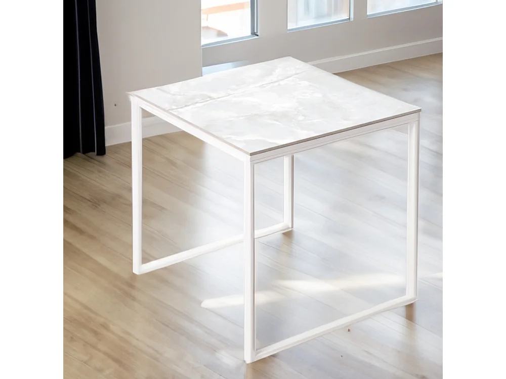 Table ceramique Smart Calacata 75x75x75cm Blanc, adaptée pour intérieur et exteriéur, surface porcelanique et structure en acier SmarTile