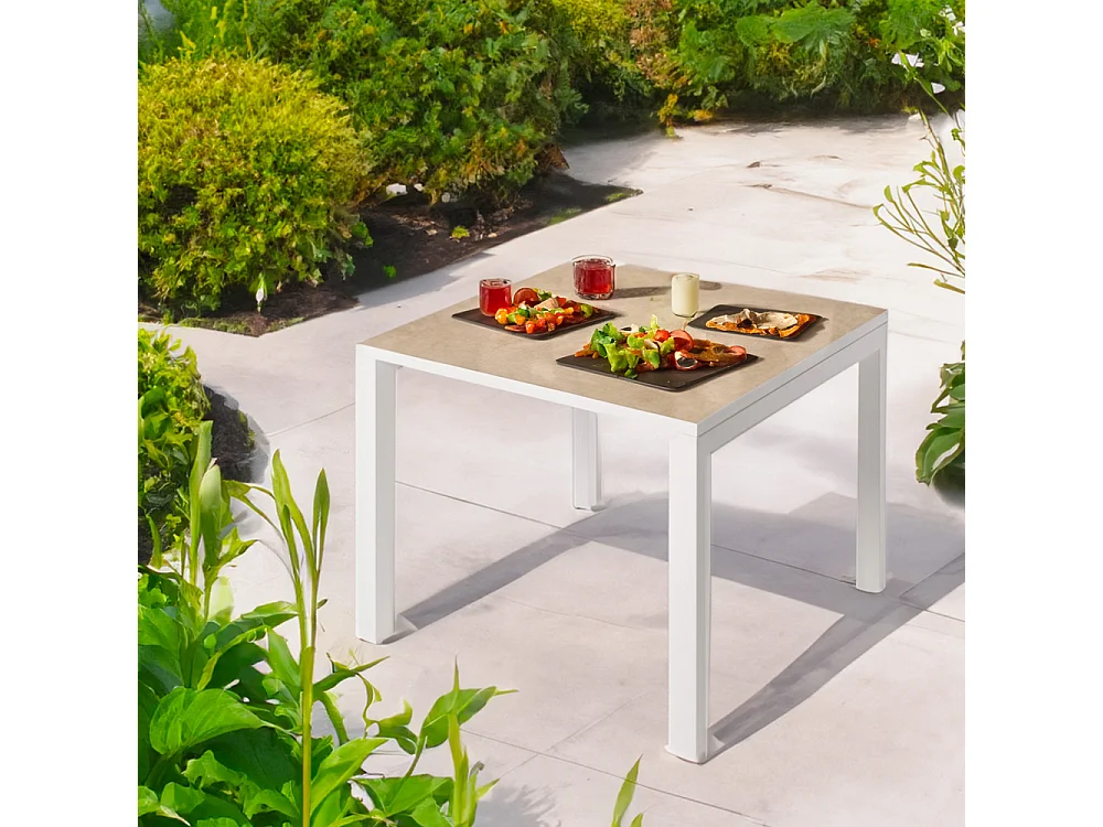 Mesa Cerámica Luxury Noce 90x90x75cm Blanca, apta para interior y exterior, superficie porcelánica y estructura de acero SmarTile