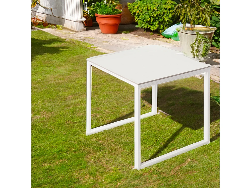 Table ceramique Smart White Frost 75x75x75cm Blanc, adaptée pour intérieur et exteriéur, surface porcelanique et structure en acier SmarTile