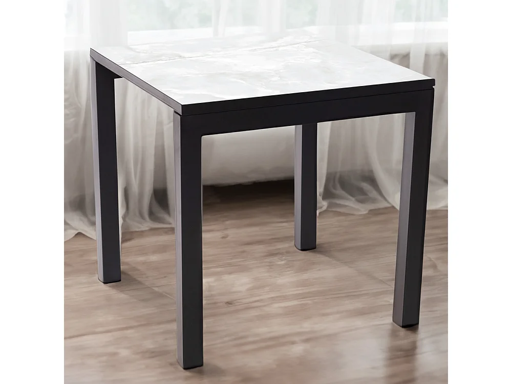 Mesa ceramica Luxury Calacata 90x90x75cm Preta, apropriada para interior e exterior, superficie porcelanica e estrutura em aço SmarTile