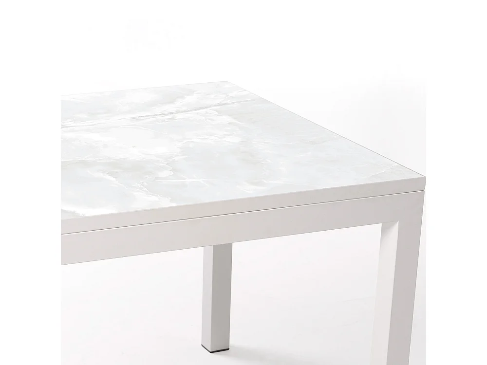 Mesa ceramica Luxury Calacata 90x90x75cm Branca, apropriada para interior e exterior, superficie porcelanica e estrutura em aço SmarTile