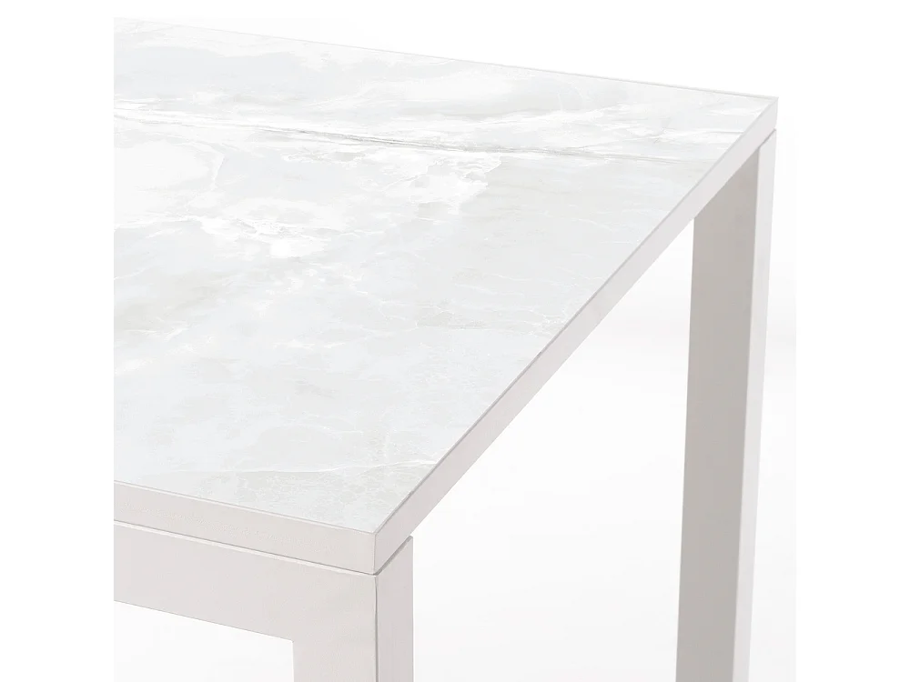 Mesa ceramica Luxury Calacata 90x90x75cm Branca, apropriada para interior e exterior, superficie porcelanica e estrutura em aço SmarTile