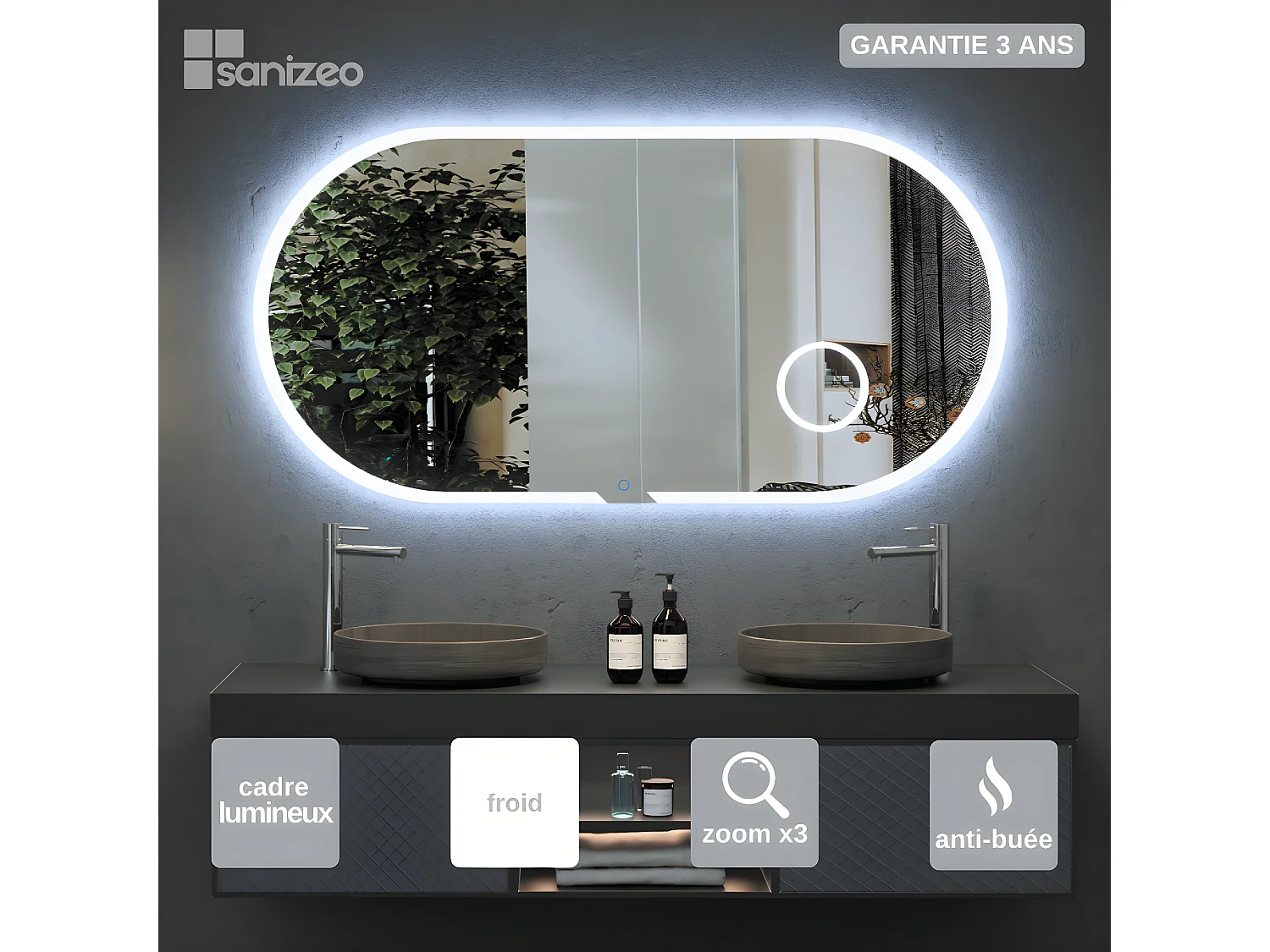 Miroir Salle de Bains Lumineux INDIANA Anti-Buée et Éclairage Périmétral Tactile On/Off +Zone Grossissant X3 140x70cm LEDIMEX by SANIZÉO