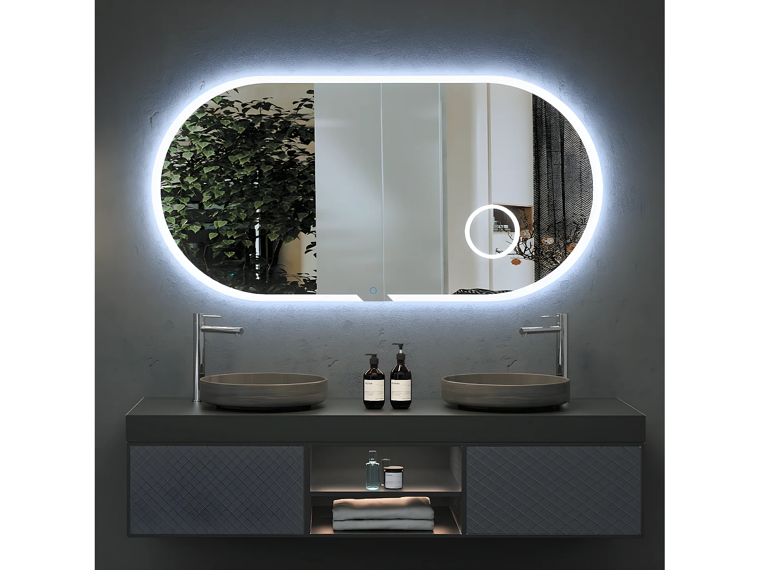 Miroir Salle de Bains Lumineux INDIANA Anti-Buée et Éclairage Périmétral Tactile On/Off +Zone Grossissant X3 140x70cm LEDIMEX by SANIZÉO