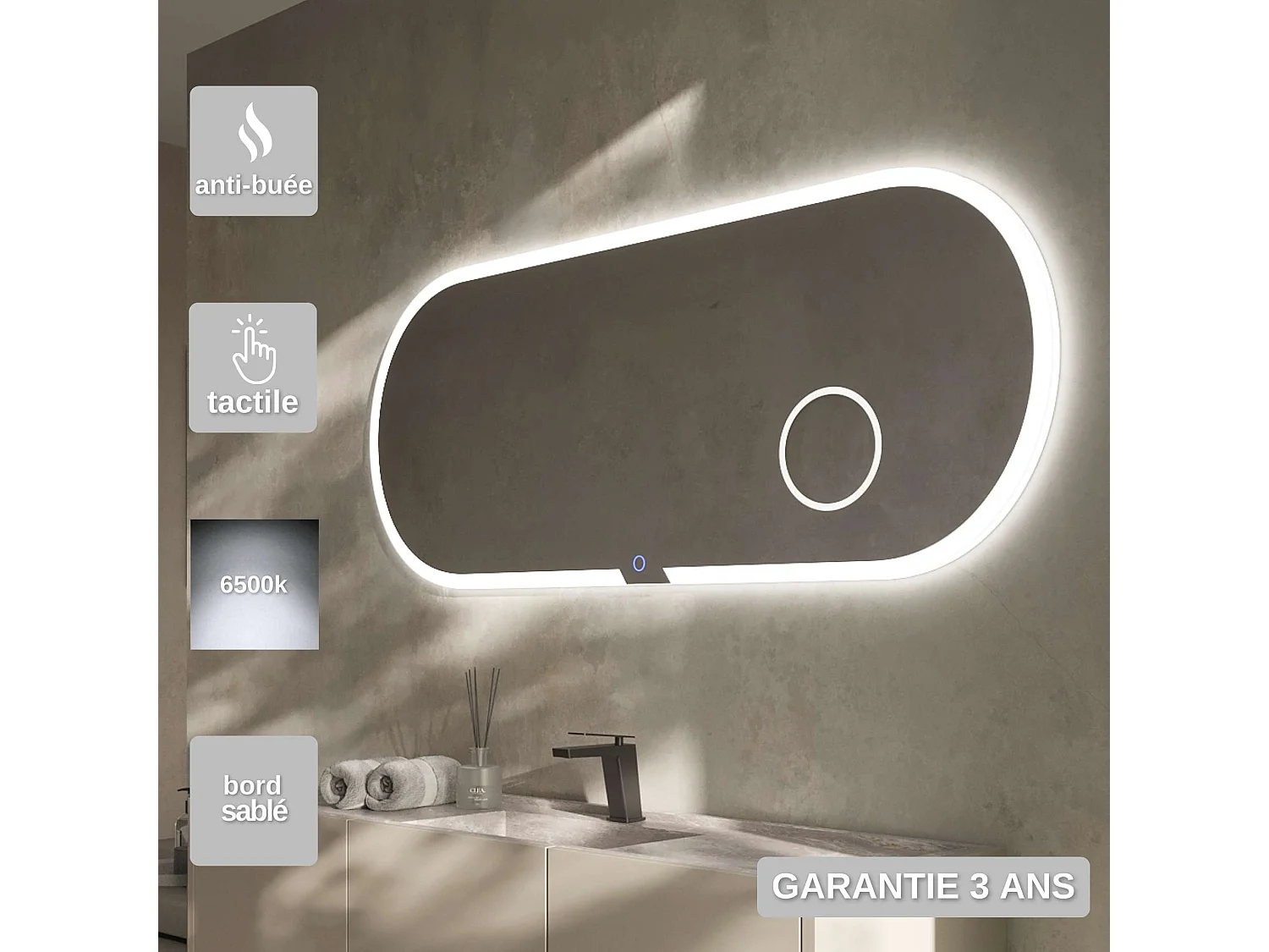 Miroir Salle de Bain INDIANA - 100x60cm - T° Led Frontal Variable - Anti-Buée & Zone Grossissant X3 - LEDIMEX