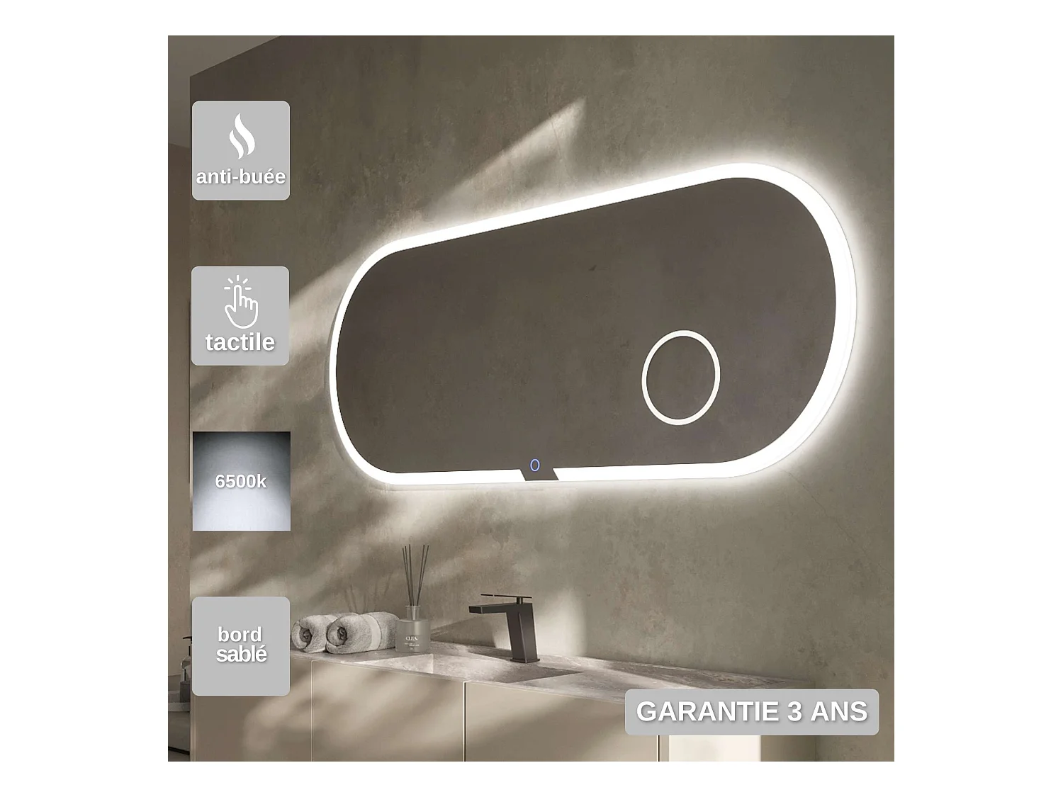 Miroir Salle de Bain INDIANA - 120x60cm - T° Led Frontal Variable - Anti-Buée & Zone Grossissant X3 - LEDIMEX