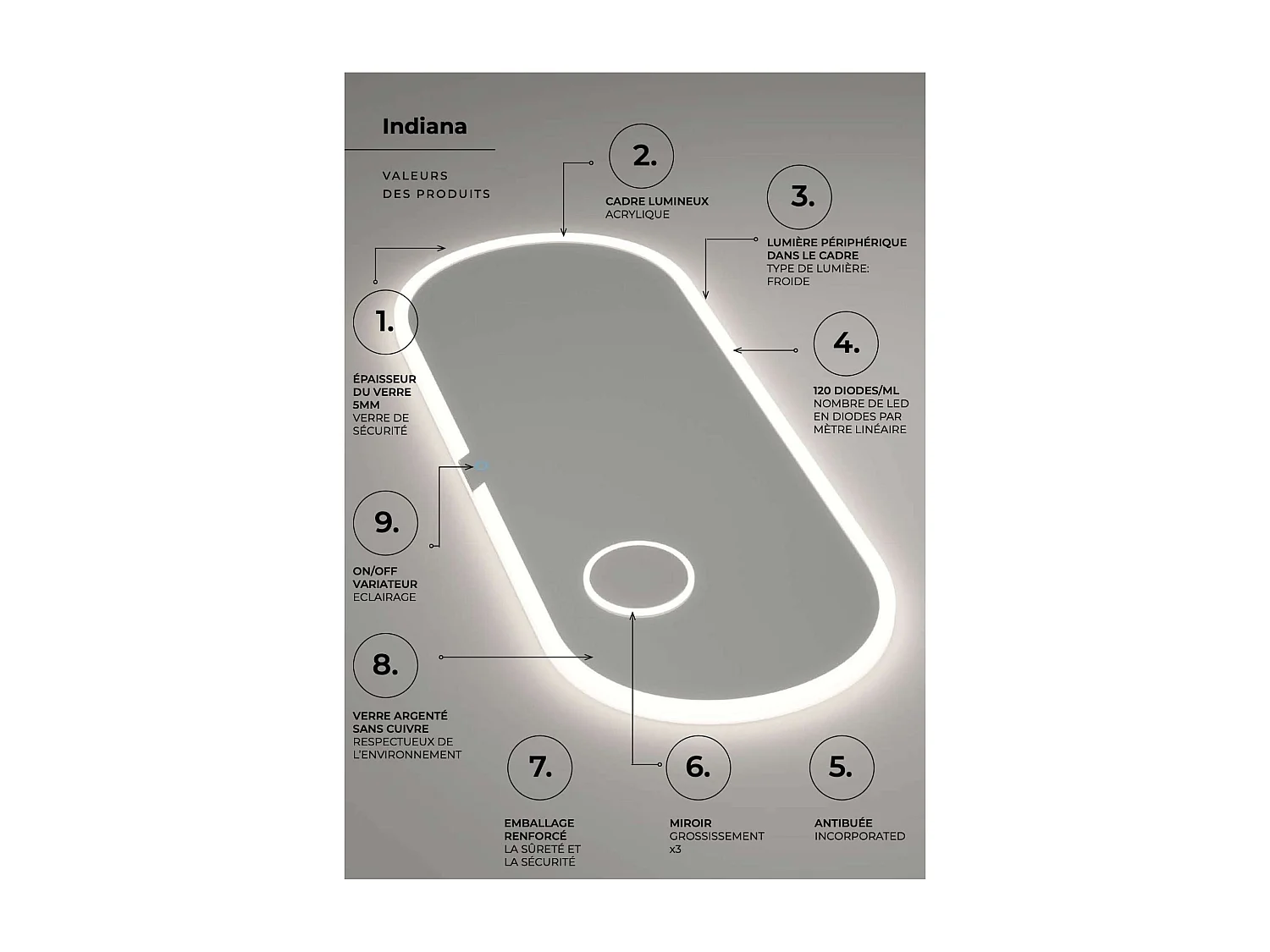 Miroir Salle de Bain INDIANA - 120x60cm - T° Led Frontal Variable - Anti-Buée & Zone Grossissant X3 - LEDIMEX