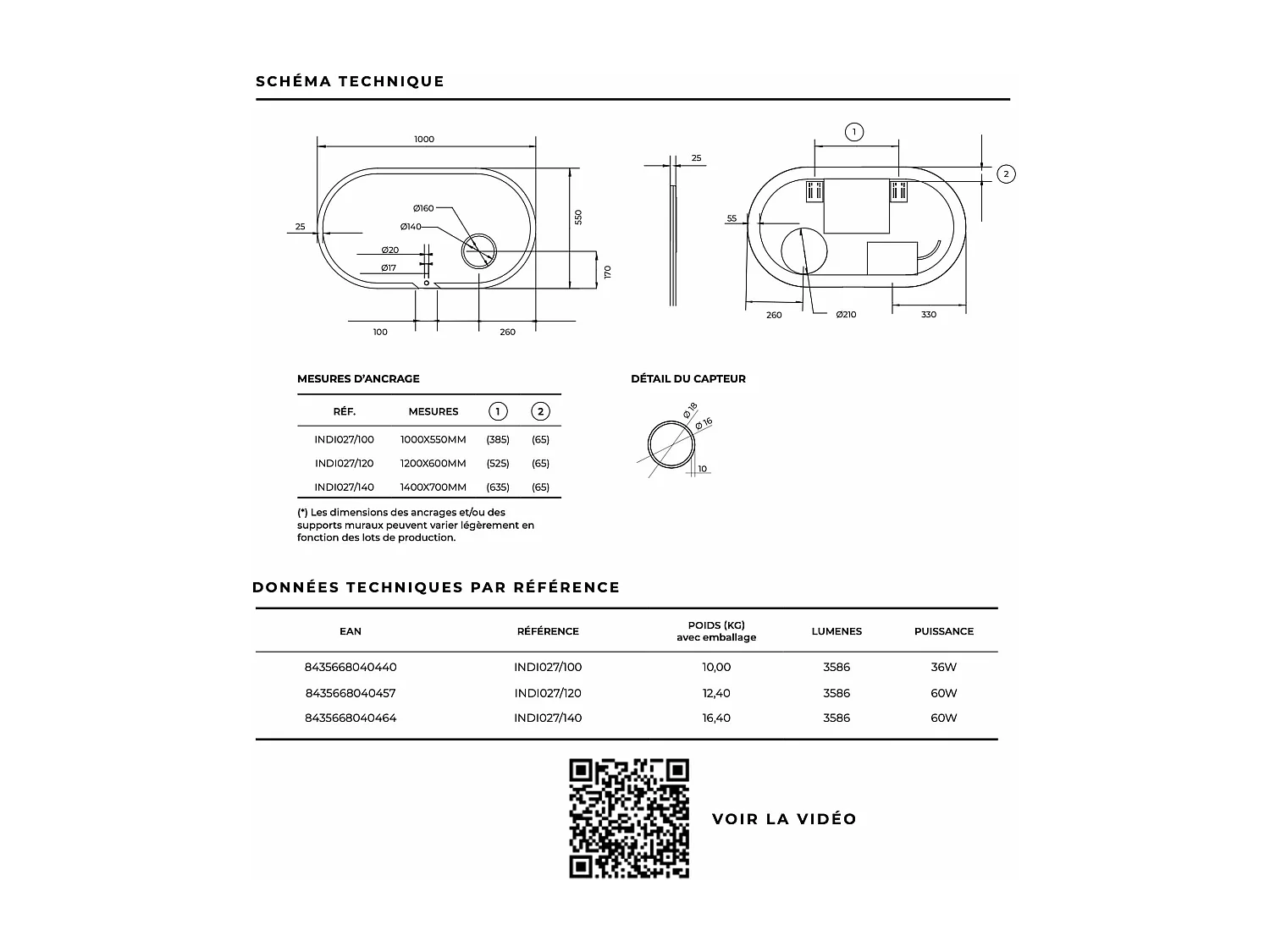 Miroir Salle de Bain INDIANA - 120x60cm - T° Led Frontal Variable - Anti-Buée & Zone Grossissant X3 - LEDIMEX