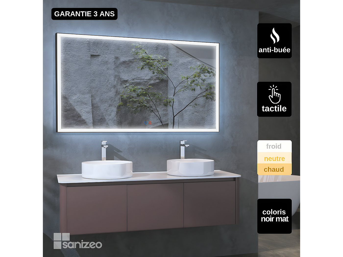 Miroir Salle de Bains Lumineux SUIZA Anti-Buée et Éclairage Frontal