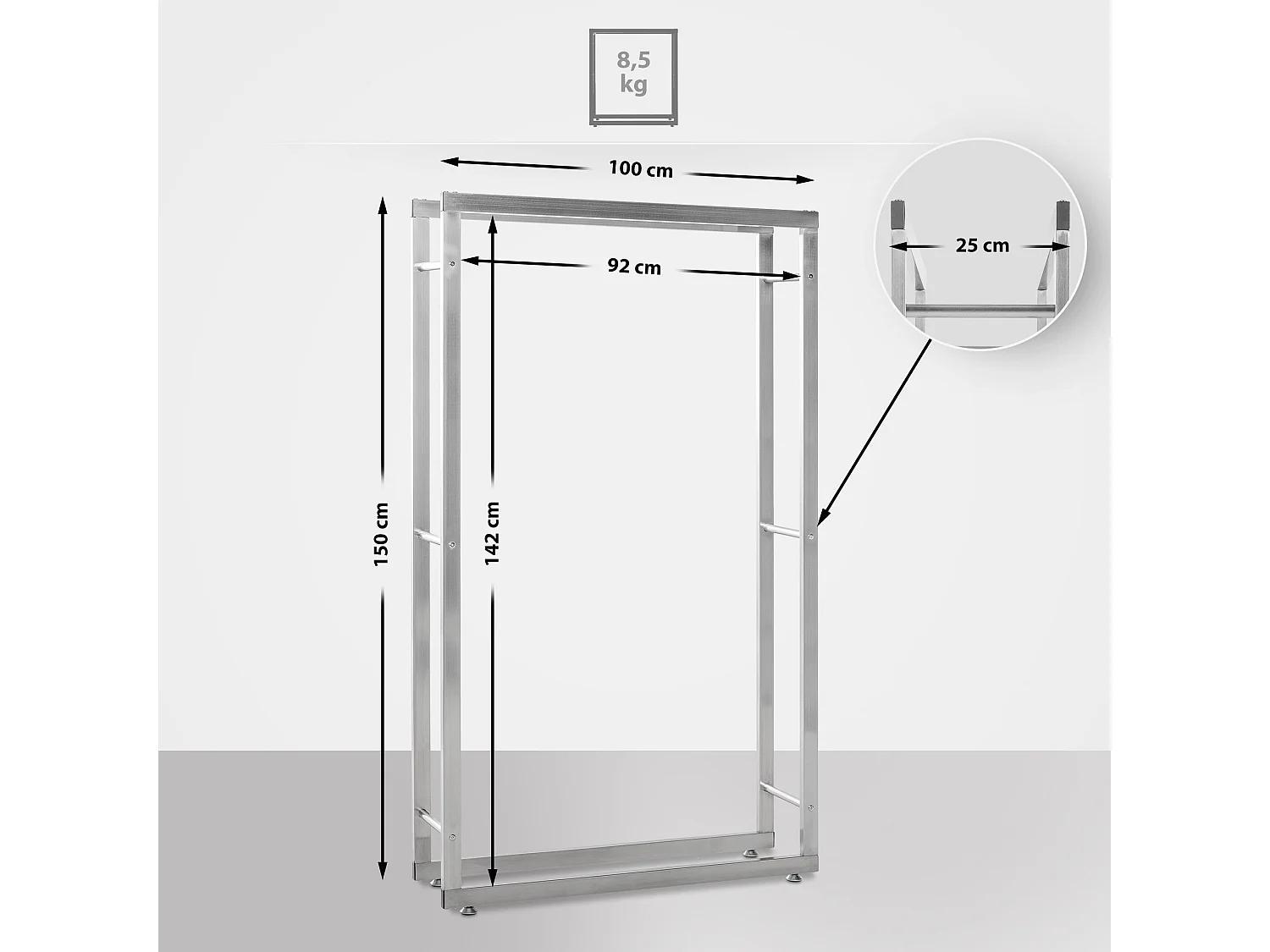 Etagère bois de cheminée - Acier inoxydable - 25x100x150 cm - Acier inoxydable - Keri V2