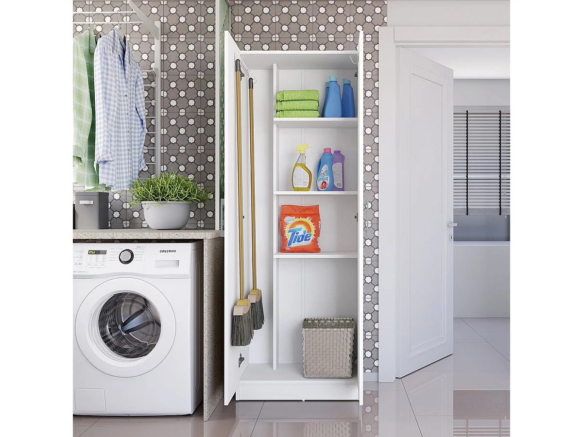 Armoire, placard de rangement avec 2 portes coloris blanc - L. 61 x P. 32 x H. 170 cm