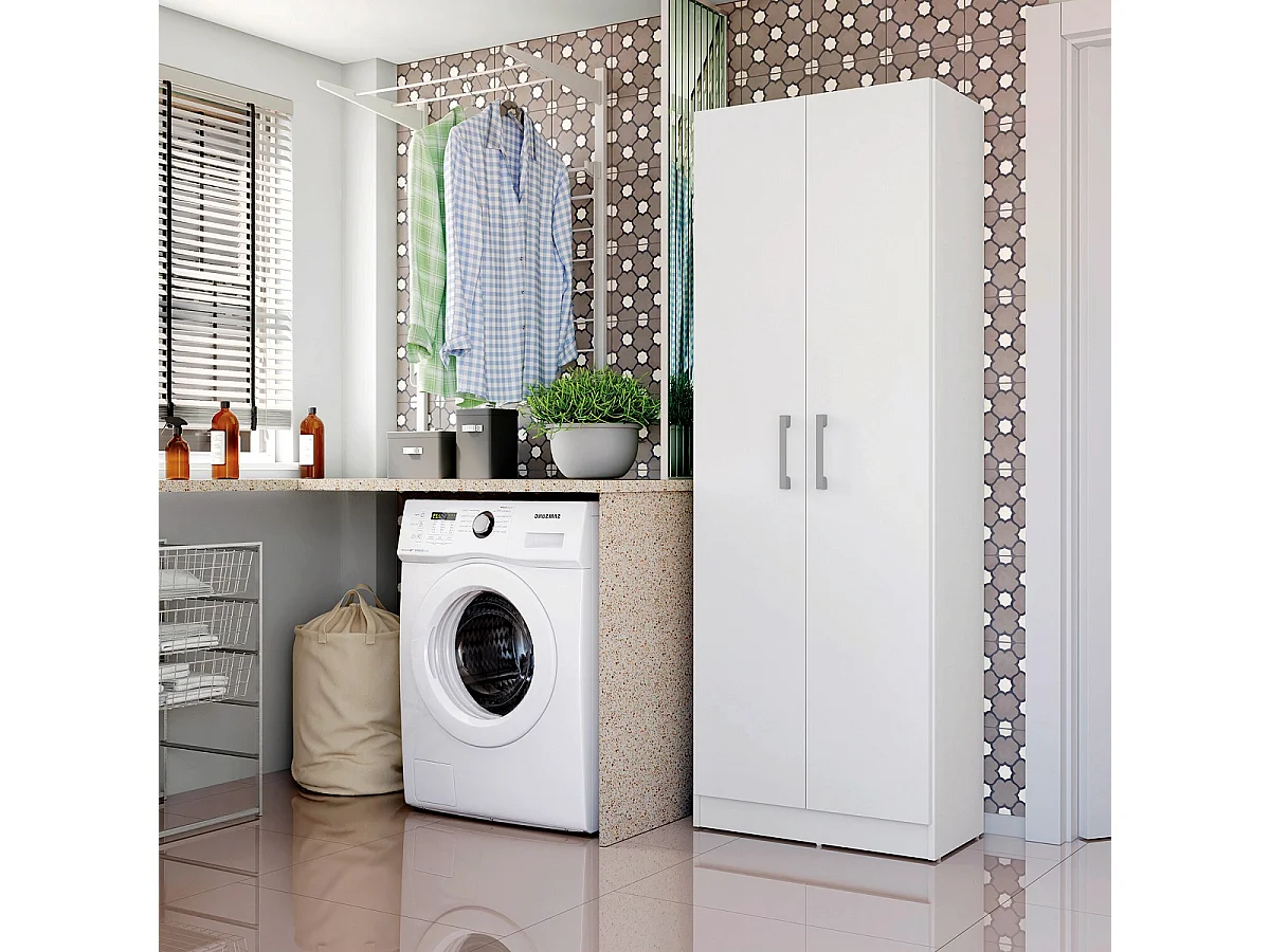 Armoire, placard de rangement avec 2 portes coloris blanc - L. 61 x P. 32 x H. 170 cm