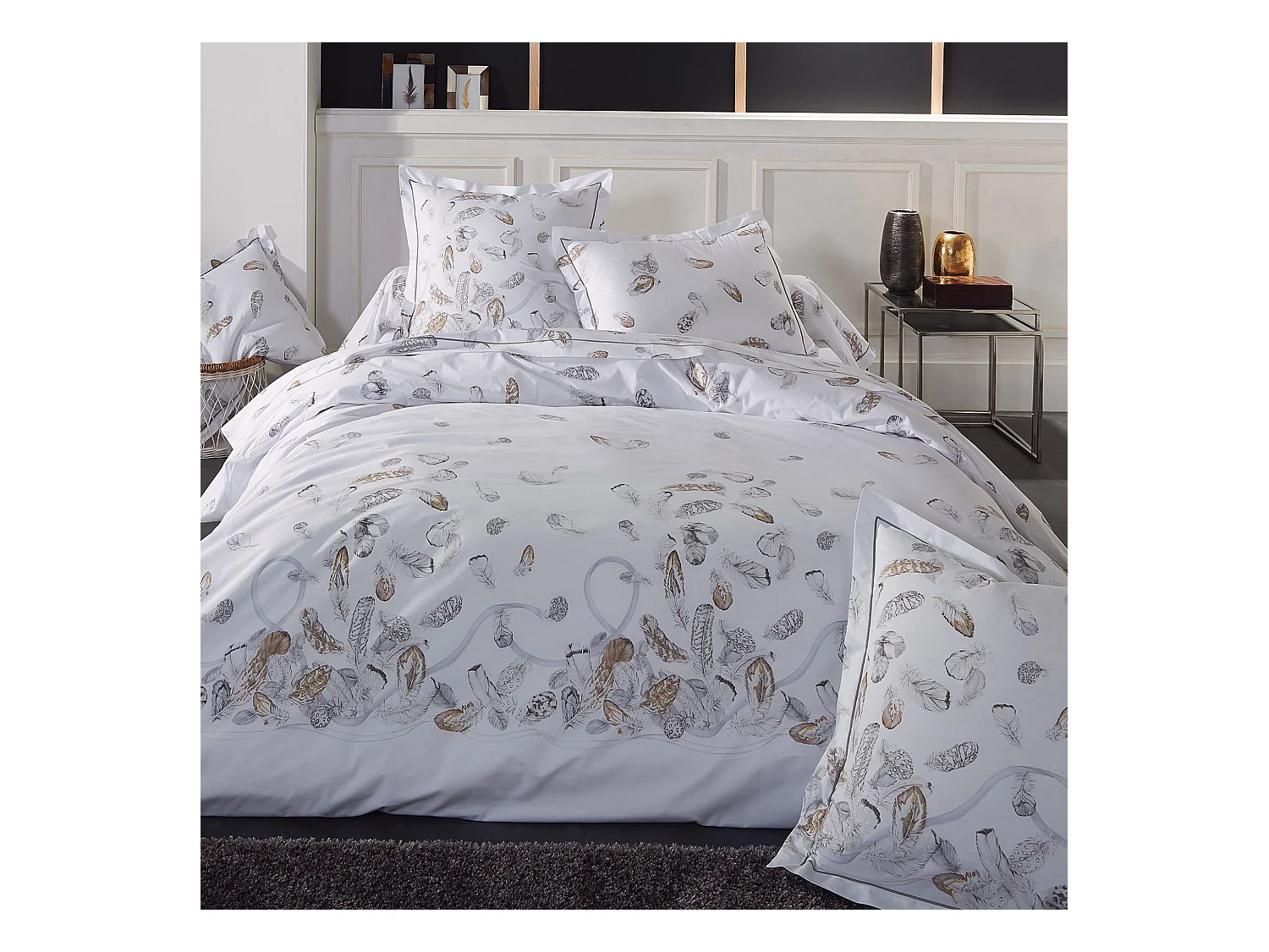 Parure de lit 3 pièces 240x220 cm taies 50x70 cm percale PLUMES