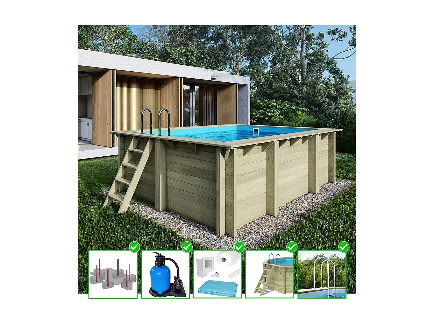 Piscine en bois Aqua 4.65x2.85 - H.1.24 m fixations à sceller - BAS7306OSPI - ALTANKA