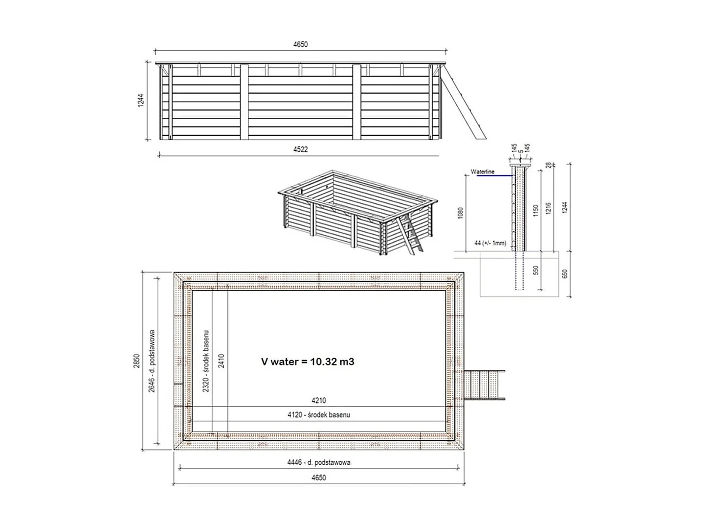 Piscine en bois Aqua 4.65x2.85 - H.1.24 m fixations à sceller - BAS7306OSPI - ALTANKA