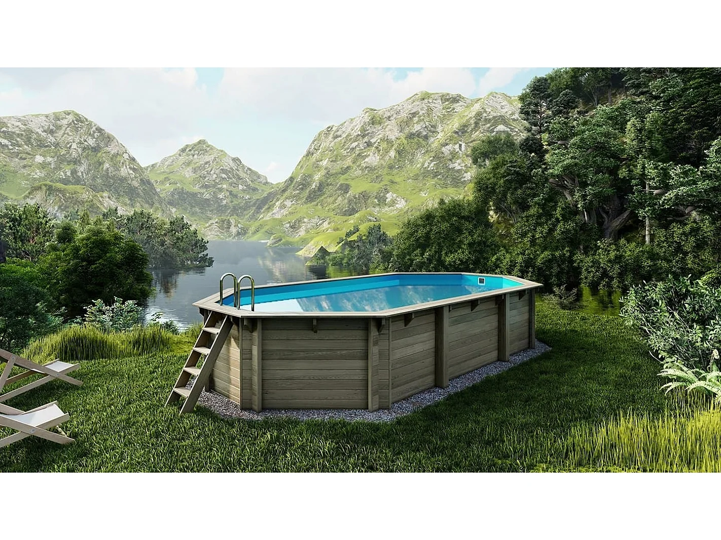 Piscine en bois 7,57x4,07 - H.1,31 m fixations à sceller - BAS745OSPI+SZA - ALTANKA