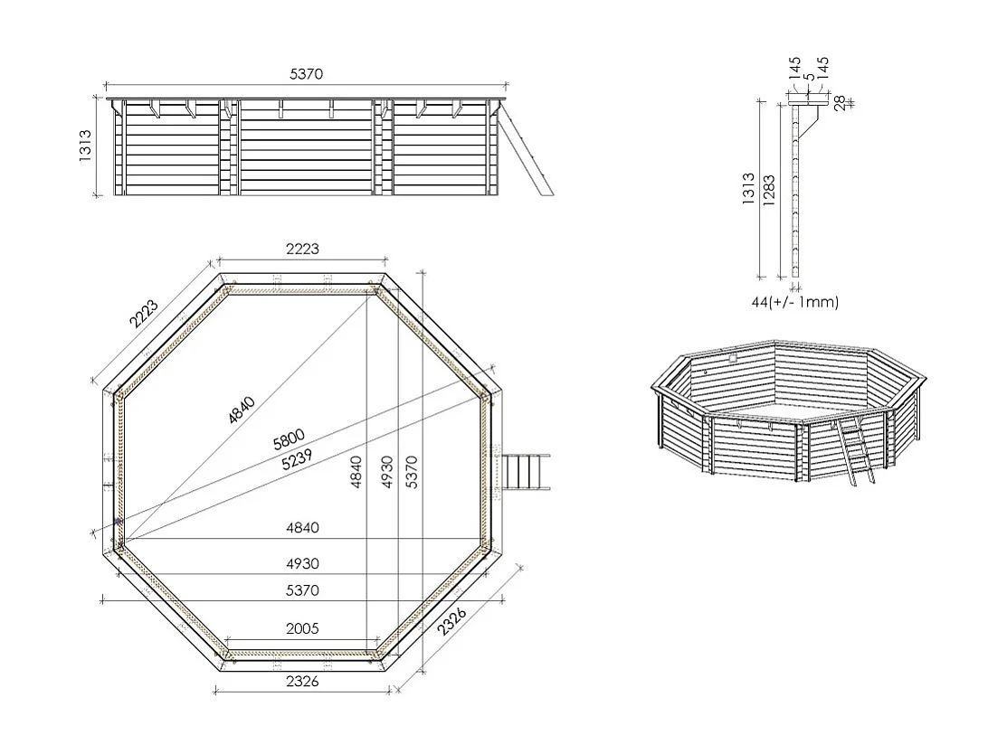 Piscine en bois 5.37x5.37 - H.1.31 m autoportante - BAS90OSP+SZA8 - ALTANKA