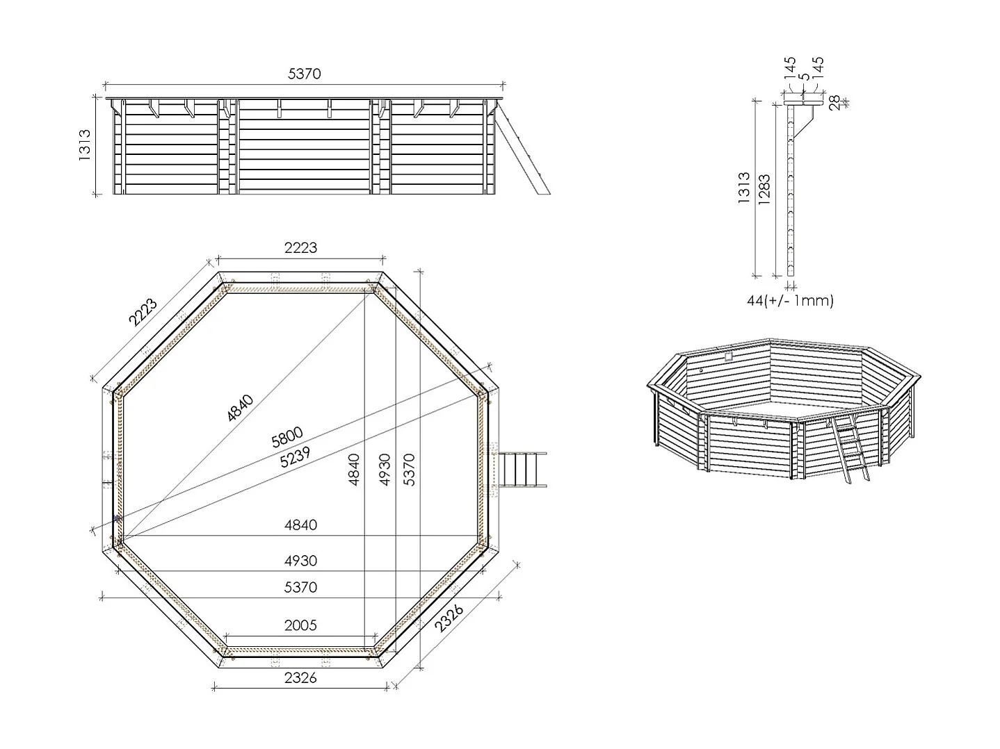 Piscine en bois 5.37x5.37 - H.1.31 m autoportante - BAS90OSP+SZA8 - ALTANKA