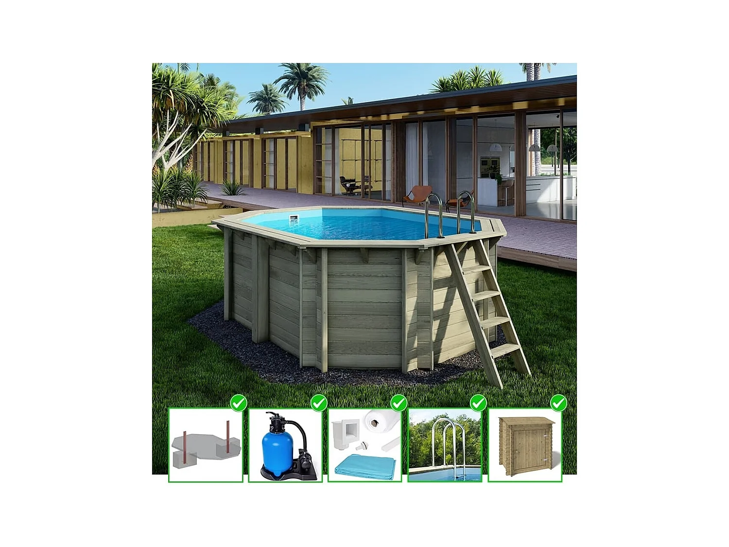 Piscine en bois Nemo 4,3x3 - H.1,31 m fixations à sceller - BAS7303OSPI+SZA - ALTANKA