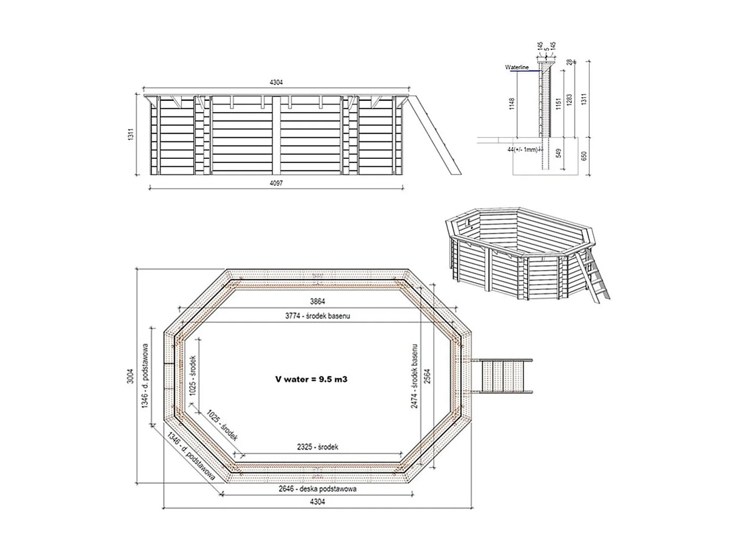 Piscine en bois Nemo 4.3x3 - H.1.31 m fixations à sceller - BAS7303OSPI - ALTANKA
